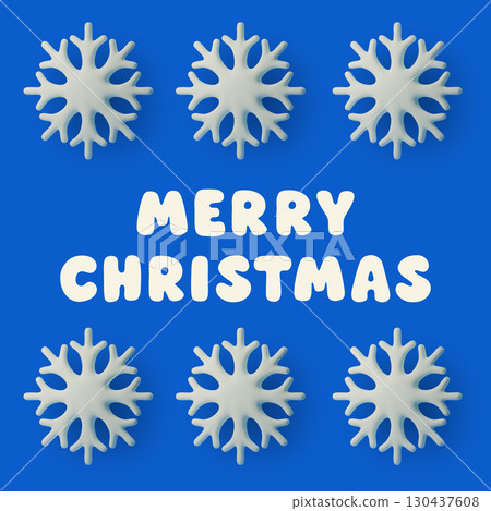 Square Merry Christmas poster with bold white typography and 3D snowflakes on a bright blue background. Minimal festive design for greeting cards, social media, flyers and winter holiday projects. 130437608