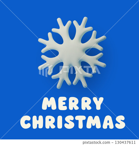 Square Merry Christmas poster with bold white typography and large 3D snowflake on bright blue background. Minimal festive design for greeting cards, flyers, social media and seasonal projects. 130437611