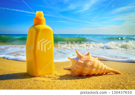 Bottle of shampoo on sand sea shore with seashell 130437650