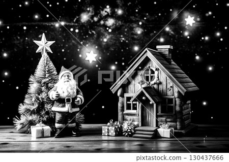 Black white vintage Santa Claus, little house.New Year,Christmas 130437666