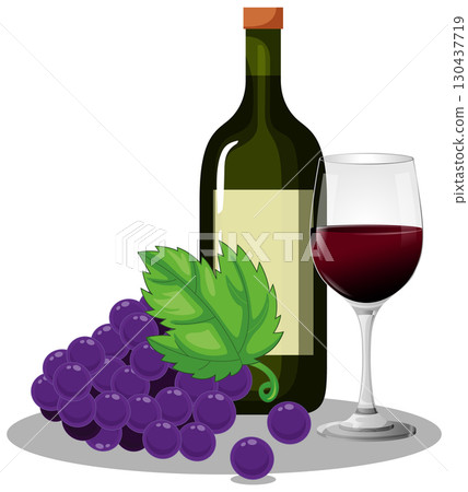 Red Wine Bottle, Glass, and Grapes Vector Illustration 130437719