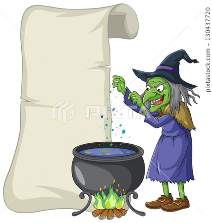 Green Witch Mixing Potion Beside Blank Scroll 130437720