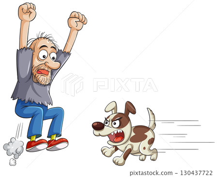 Frightened Man Jumping Away From Angry Dog 130437722