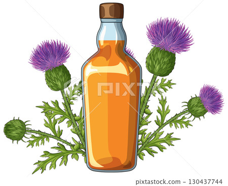 Whisky Bottle with Scottish Thistle Flowers Illustration Whisky Bottle with Scottish Thistle Flowers Illustration 130437744