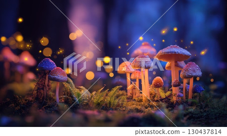Enchanted forest with glowing mushrooms and magical lights at twilight 130437814