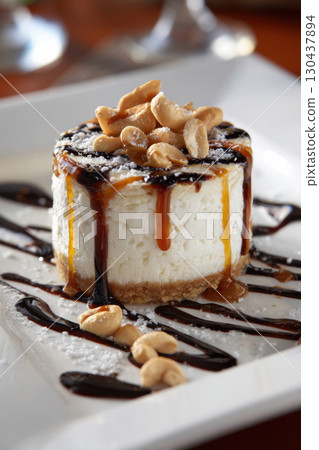 Decadent cheesecake with chocolate and caramel drizzle topped with peanuts 130437894