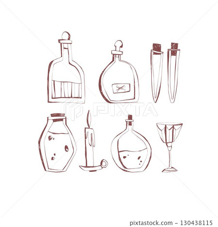 witchcraft potion bottles vials cup and candle handdrawn set ideal for halloween packaging Vector Illustration 130438115