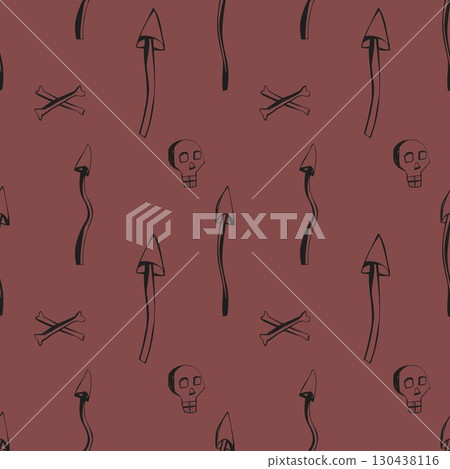 dark mushrooms skull and bones seamless pattern in black on burgundy for gothic design Vector Illustration dark mushrooms skull and bones seamless pattern in black on burgundy for gothic design Vector Illustration 130438116