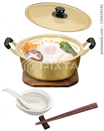 Nabeyaki udon (with double-handled pot) with cutlery Nabeyaki udon (with double-handled pot) with cutlery 130438142