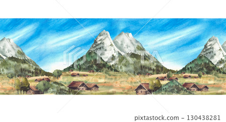 Alpine mountains landscape seamless border. Watercolor Zugspitze peaks with blue sky and Cabins, huts on hills and fields. German or Bavarian landmark. Hand drawn isolated from background illustration 130438281