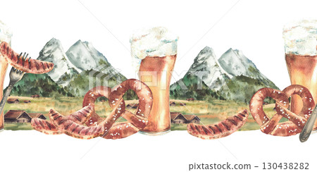 Beer with sausage and pretzel against of Bavarian Zugspitze seamless border. Watercolor Alpine mountains landscape print German Oktoberfest drink and snack pattern. Hand drawn isolated from background Beer with sausage and pretzel against of Bavarian Zugspitze seamless border. Watercolor Alpine mountains landscape print German Oktoberfest drink and snack pattern. Hand drawn isolated from background 130438282