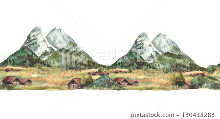 Alpine mountains landscape seamless border. Watercolor Zugspitze peaks, rocks with Traditional Cabins, huts on hills and pasture fields. German or Bavarian landmark. Hand drawn isolated illustration 130438283