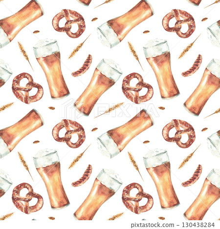 Watercolor pint of Beer with pretzel and sausage, grains of malt seamless pattern. Drink and food at Bavarian Oktoberfest festival. Hand painted illustration for fabric on isolated white background 130438284