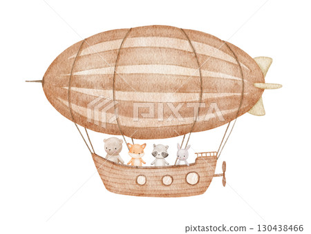 Hot airship with cute baby animal. Bear, bunny and panda, watercolor isolated illustrations for poster or card Hot airship with cute baby animal. Bear, bunny and panda, watercolor isolated illustrations for poster or card 130438466