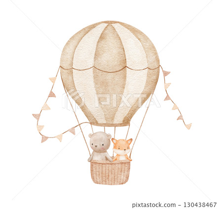 Hot air balloon with cute baby animal. Bear, fox, watercolor isolated illustrations for poster or card 130438467