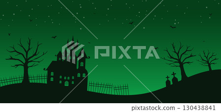 Silhouette characters of dark Halloween night on green background with castle, grave, tree, bats, Vector illustration Silhouette characters of dark Halloween night on green background with castle, grave, tree, bats, Vector illustration 130438841