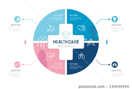 Healthcare infographic template with circular chart, medical cross center, and health icons vector. Healthcare infographic template with circular chart, medical cross center, and health icons vector. 130439304