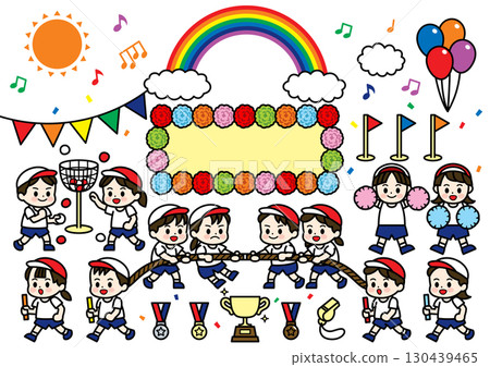 Sports day mini character illustration set (ball throwing, tug of war, relay, cheering) 130439465