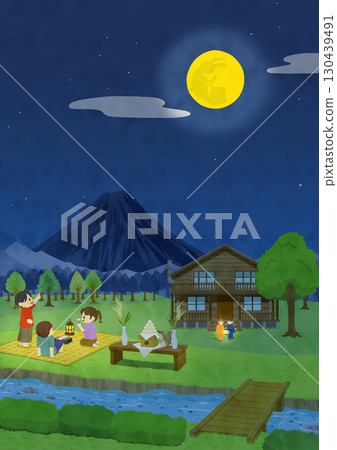 九月：富士山和賞月 130439491