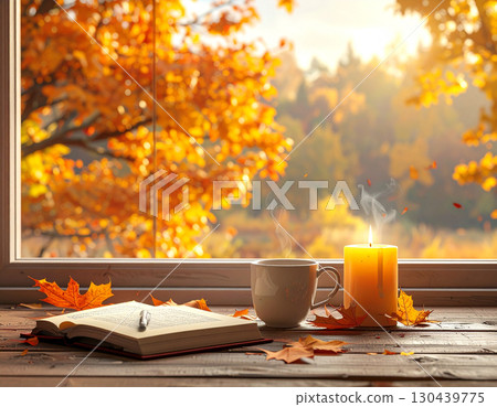 autumn interior window with golden trees view generative ai autumn interior window with golden trees view generative ai 130439775