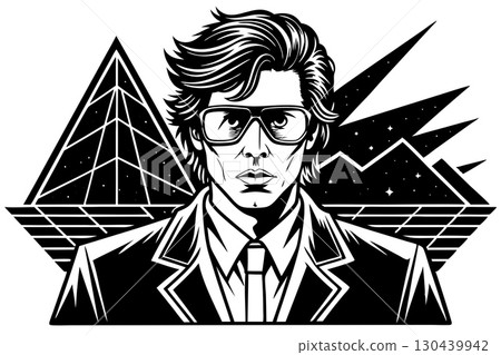 Human head,face.Young man in glasses with a hairstyle from the 80s 130439942
