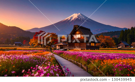 里山地區的秋葉和鮮花 130439945