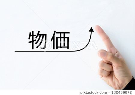 A person's hand pointing at the rising arrow with the word "price" on it 130439978