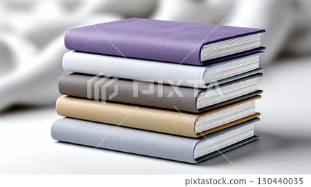 Minimalistic stack of pastel-colored books on a soft, neutral background 130440035