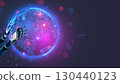 Planet Earth is in the hands of Artificial Intelligence or AI. A robot or cyborg holds the Earth in his hands. HUD interface of a virtual globe in cyberspace. AGI or AI conceptual illustration. 130440123