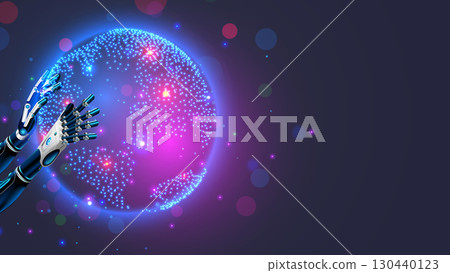 Planet Earth is in the hands of Artificial Intelligence or AI. A robot or cyborg holds the Earth in his hands. HUD interface of a virtual globe in cyberspace. AGI or AI conceptual illustration. Planet Earth is in the hands of Artificial Intelligence or AI. A robot or cyborg holds the Earth in his hands. HUD interface of a virtual globe in cyberspace. AGI or AI conceptual illustration. 130440123