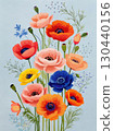 Vibrant painting of colorful poppy flower bouquet. Delicate floral art illustration on light blue background with cheerful and fresh feeling, perfect for spring 130440156