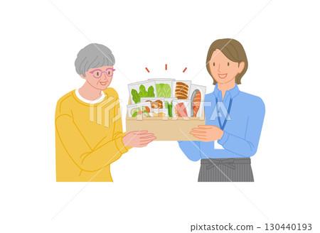 A senior woman happily receives a meal kit from a staff member at a delivery service 130440193