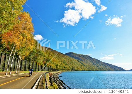 Hokkaido Shikotsuko lake and white birch yellow leaves and running bike 130440241