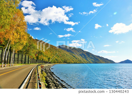 Lake Shikotsu, Hokkaido Autumn blue sky and yellow leaves 130440243