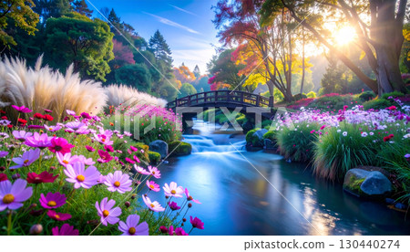 秋日陽光與空氣中，清澈溪流旁盛開的波斯菊與紫芒 130440274