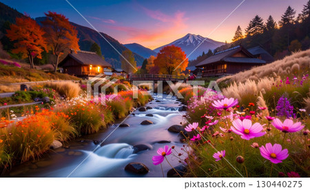 秋日鄉村，清晨陽光照耀下的波斯菊 130440275