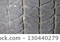 Frustrating close up of metal nail causing puncture and damage to black rubber car tire tread. This flat tire represents common automotive problem and hazard 130440279