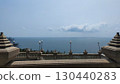 Serene seascape view from an ornate architectural balcony overlooking calm blue ocean. peaceful and tranquil vista with vast sky and horizon from high viewpoint 130440283