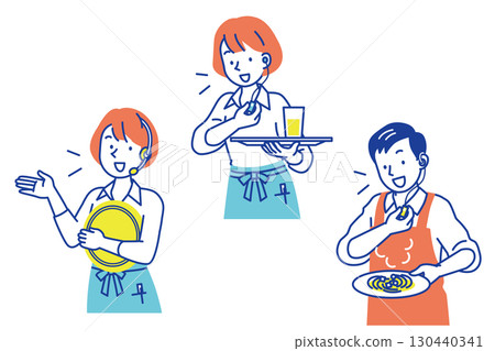 Illustration set of a store clerk wearing an apron working with an intercom Illustration set of a store clerk wearing an apron working with an intercom 130440341
