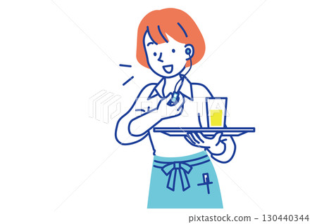 A female cafe employee talking on an intercom 130440344