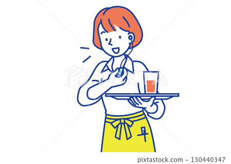 A female cafe employee talking on an intercom A female cafe employee talking on an intercom 130440347