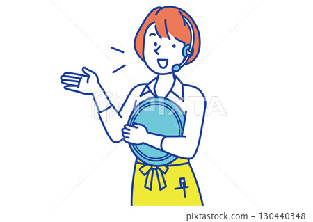 A store clerk in an apron providing instructions via intercom 130440348