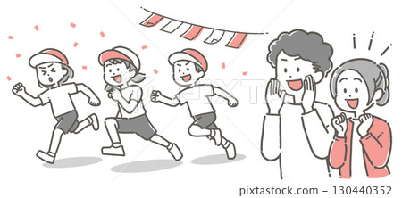 Illustration of children running at a sports day and parents cheering them on Illustration of children running at a sports day and parents cheering them on 130440352