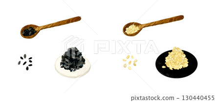 Set of white and black sesame seeds. Hand-drawn watercolor illustration of vegetables and condiments. Set of white and black sesame seeds. Hand-drawn watercolor illustration of vegetables and condiments. 130440455