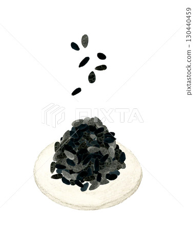 A mountain of black sesame seeds, hand-drawn watercolor illustration of vegetables and condiments 130440459