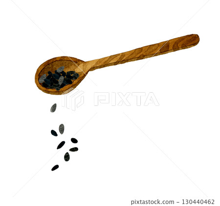 Black sesame seeds and spoon - hand-drawn watercolor illustration of vegetables and condiments Black sesame seeds and spoon - hand-drawn watercolor illustration of vegetables and condiments 130440462