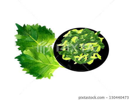 Shredded shiso leaves - hand-drawn watercolor illustration of vegetables and condiments 130440473