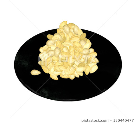 堆積如山的白芝麻——蔬菜和調味料的手繪水彩插圖 130440477