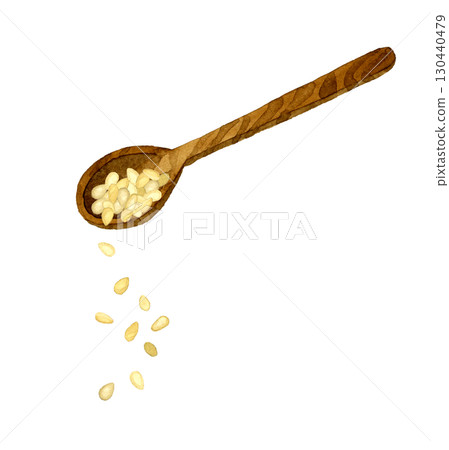 白芝麻和湯匙-蔬菜和調味品的手繪水彩插圖 130440479