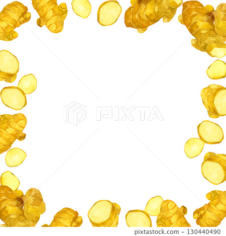 薑框-蔬菜和調味品的手繪水彩插圖背景 130440490